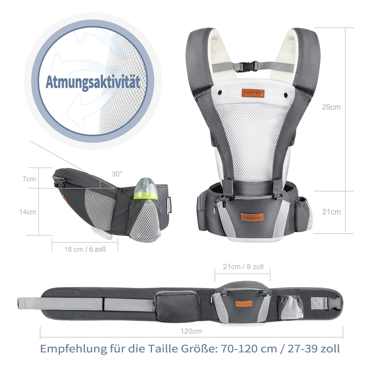 BESREY Babytrage mit Hüftsitz, ergonomisch, 6-in-1