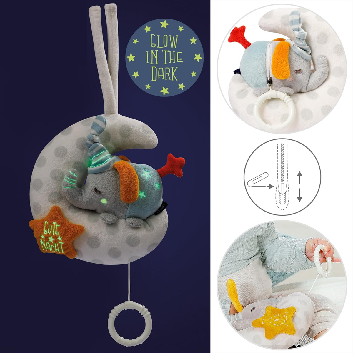 FEHN Leuchtende Spieluhr-Anhänger für Kinderwagen und Bettchen ELEFANT AM MOND