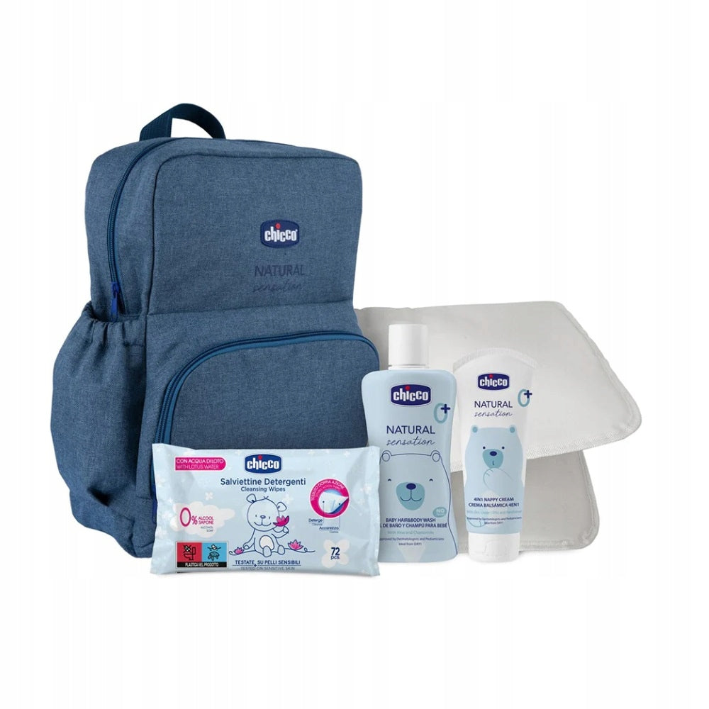 CHICCO NATURAL plecak torba na pieluchy i akcesoria + kosmetyki, niebieski zestaw dla dziecka
