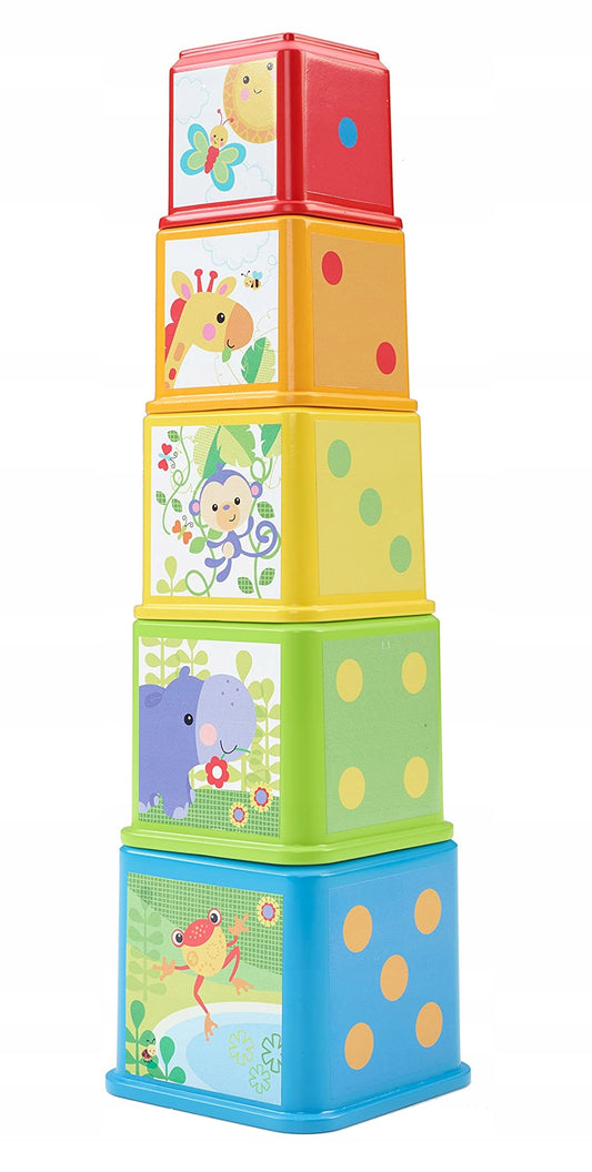 FISHER-PRICE piramidka do układania ze zwierzątkami 5el. 6m+, kolorowa wieża do nauki układania dla niemowląt