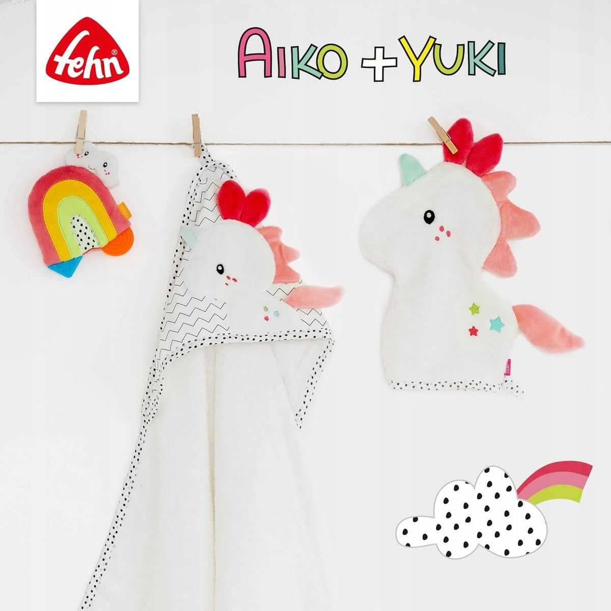 FEHN Aiko&Yuki zawieszka z grzechotką i chwytakiem do wózka, fotelika, kolorowa zawieszka sensoryczna dla niemowląt