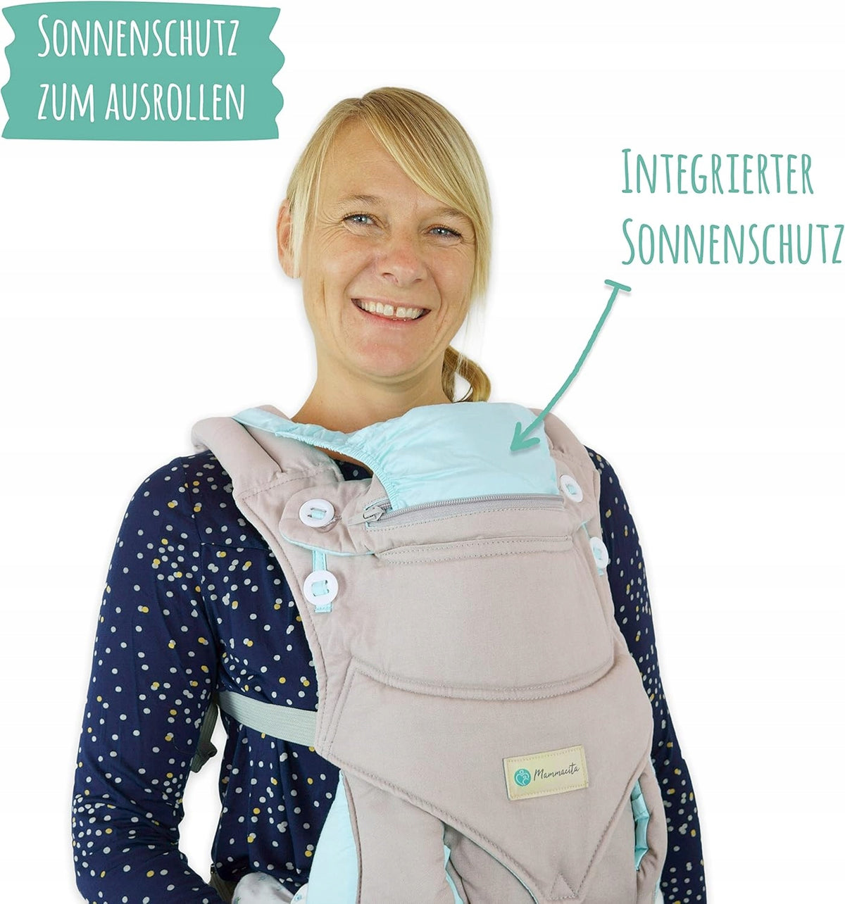 MAMMACITA nosidełko ergonomiczne do 20 kg, błękitne z integrowanym i rozkładanym daszkiem przeciwsłonecznym
