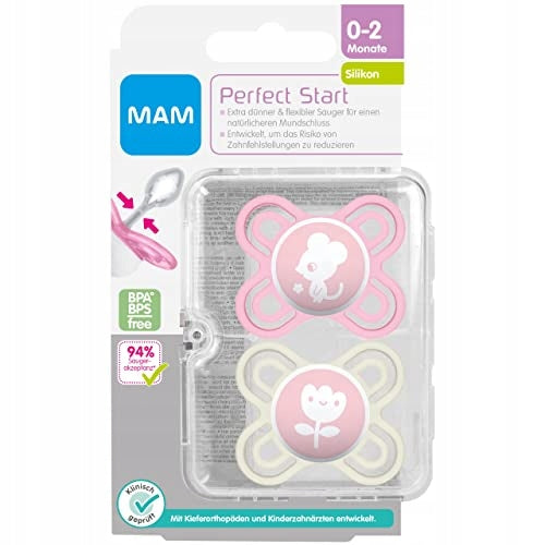 MAM Perfect START smoczek uspokajający x2 0-2msc+ box, ortodontyczne smoczki silikonowe BPA/BPS free