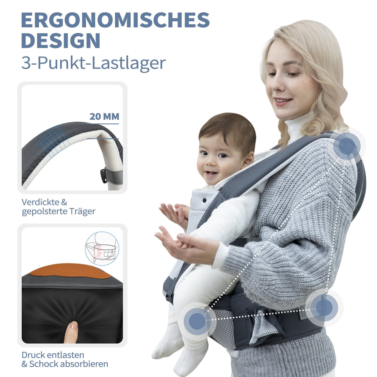 BESREY Babytrage mit Hüftsitz, ergonomisch, 6-in-1