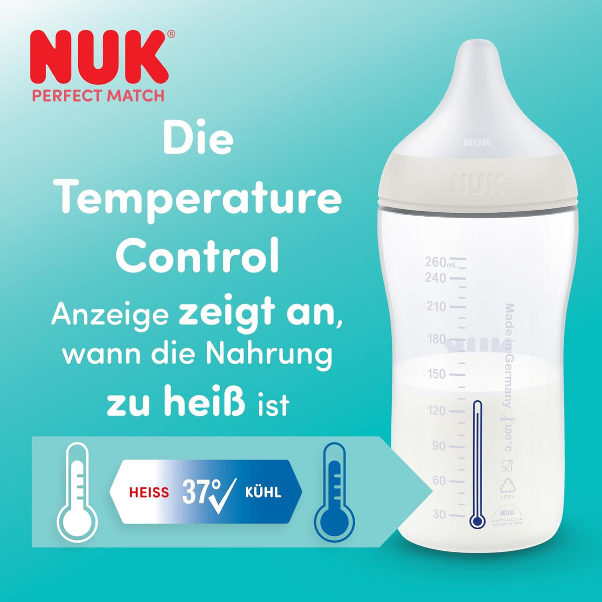 NUK Perfect Match butelka antykolkowa 150 ml 0+ z Temperature Control i wskaźnikiem 37°C