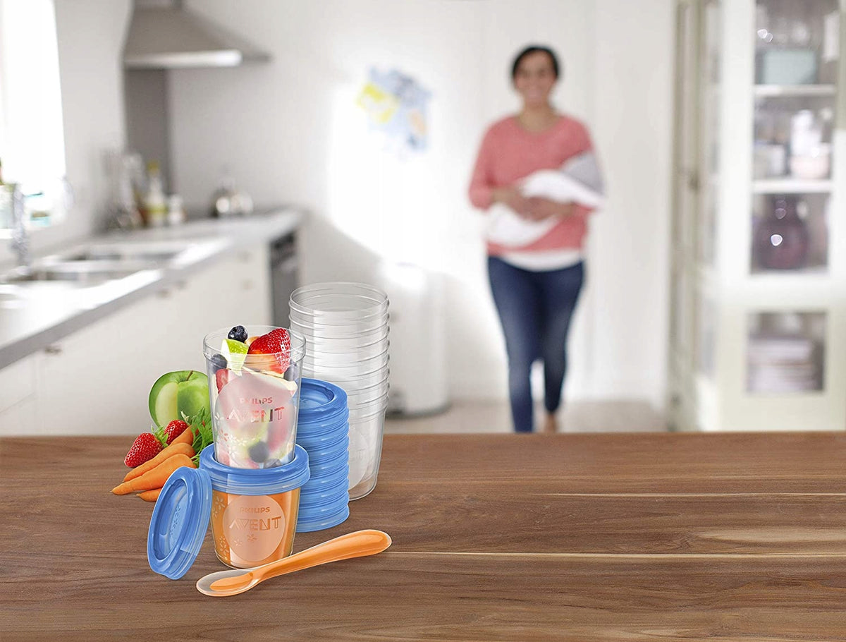 PHILIPS AVENT pojemniki na żywność x20 zestaw kubeczków do przechowywania żywności z niebieskimi pokrywkami i łyżeczką