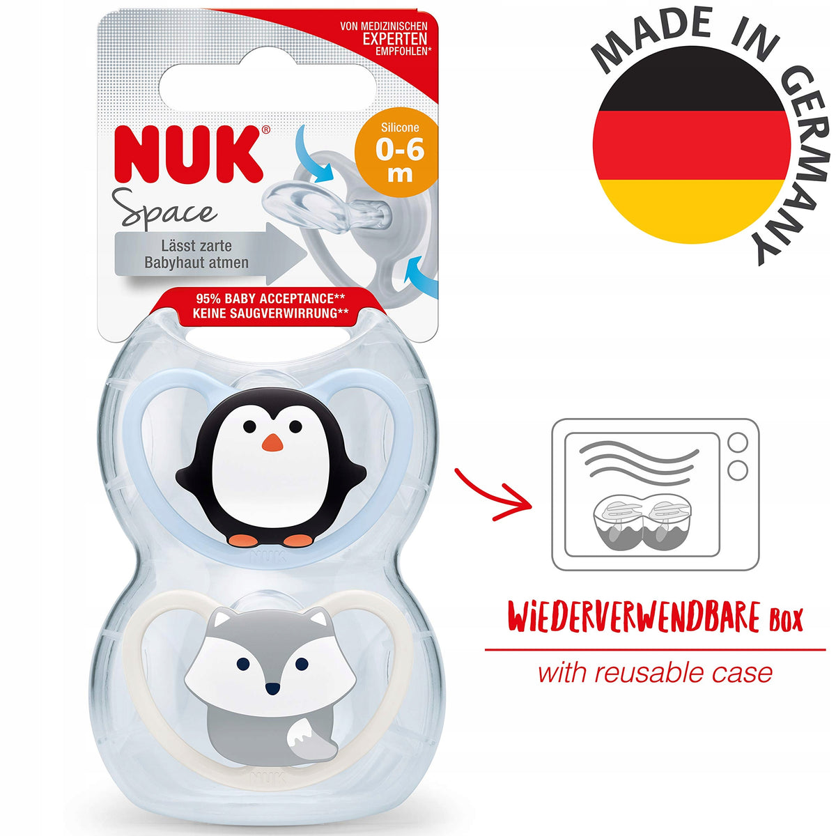 NUK Space Silikon-Beruhigungssauger x2 0-6 Monate + Box