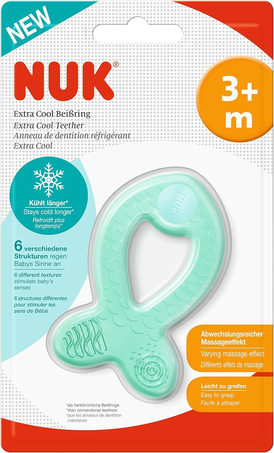 NUK Extra Cool gryzak z efektem chłodzenia i masażu 3 m+ zielony, silikonowy, bez BPA, z 6 fakturami