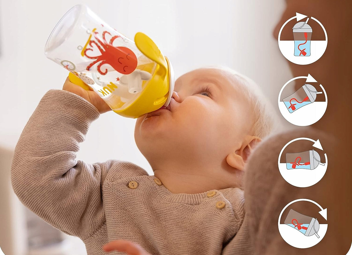 NUK Motion Cup NIEKAPEK z elastyczną słomką 8 m+ żółto-biały kubek niekapek 230 ml dla niemowląt