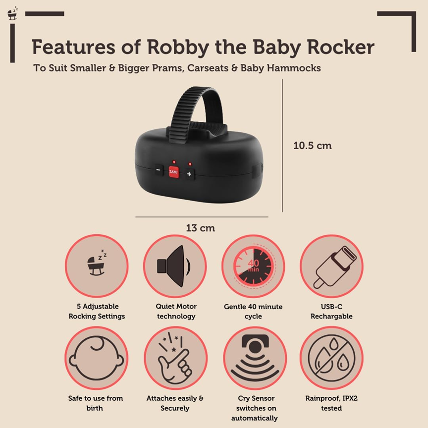 Grafika czarnego bujaka Zazu Baby Rocker z oznaczeniami wymiarów i ikonami opisującymi urządzenie.