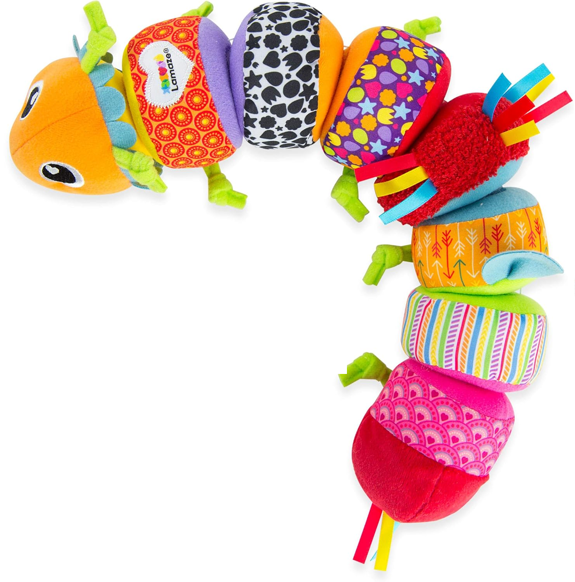 LAMAZE Mix & Match oruga sensorial con sonajero, 8 piezas con velcro, 44 cm