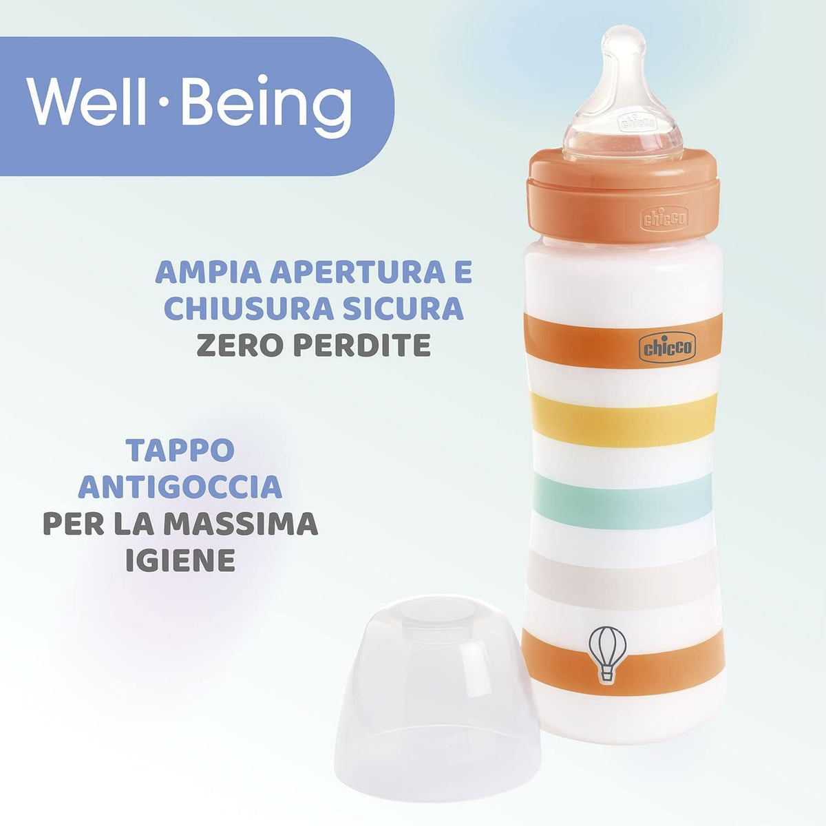 CHICCO butelka Well Being 4m+ 330ml antykolkowa z szerokim otwarciem i zakrętką antykapkową