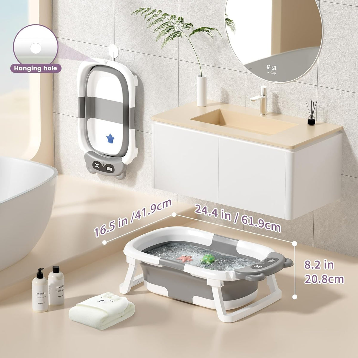 Faltbare Babywanne mit Abfluss und Thermometer