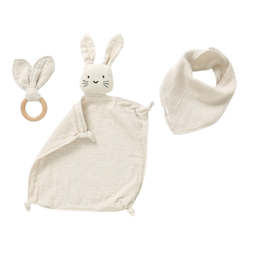 NUDU BABY pamut komforter alvókendő + rágóka és előke NYÚL 28 cm