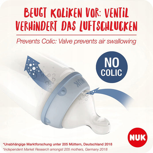NUK zestaw NO COLIC 4 butelki koszyk KONTROLA TEMP. butelka NUK z zaworem przeciw kolkom