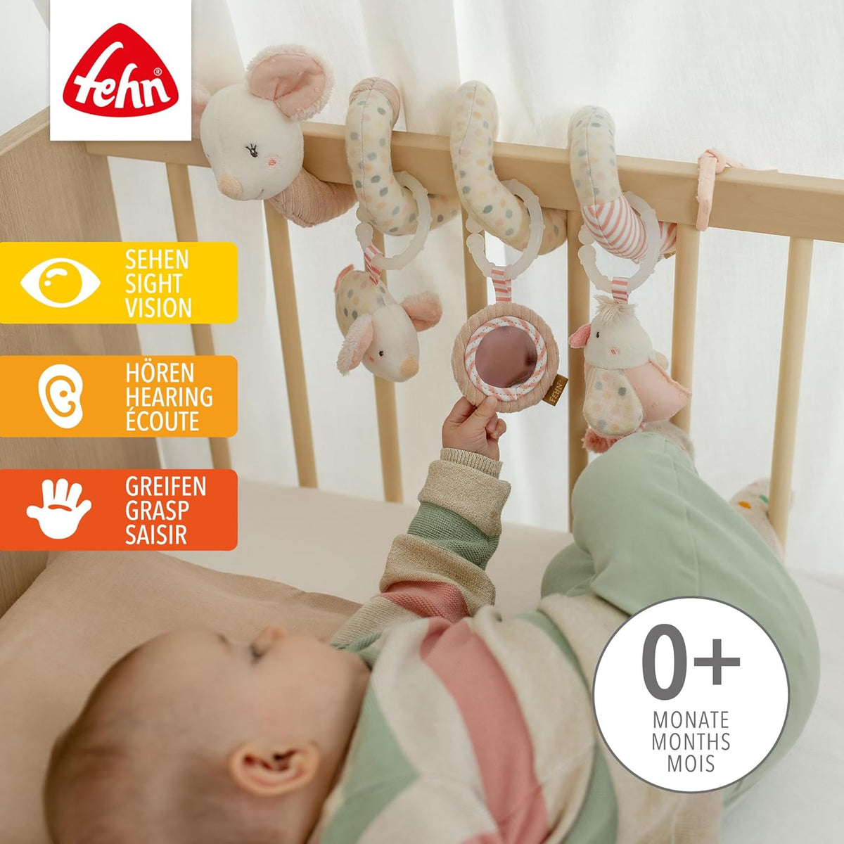 FEHN Spirale Anhänger für Kinderwagen, Bettchen, Babyschale, MAUS 35 cm, leuchtende Stickerei