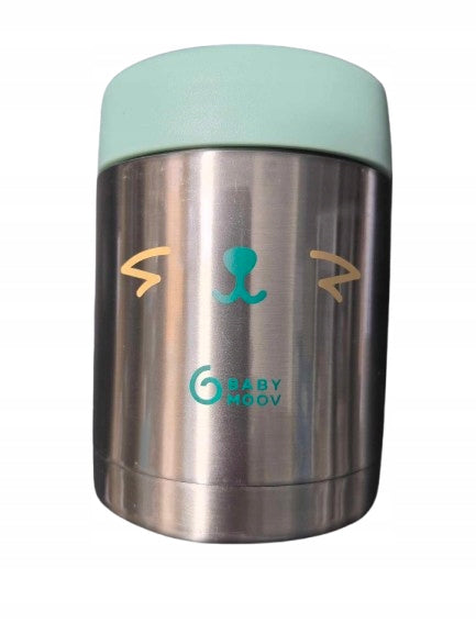 Stalowy termos Babymoov Eat’s Isy z zieloną pokrywką i nadrukiem noska oraz wąsów, widok z przodu.