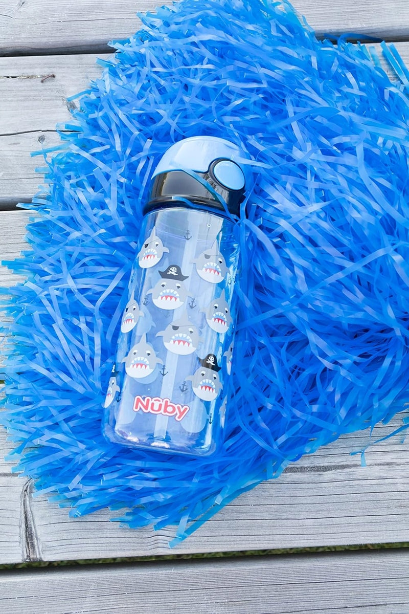 NUBY Vaso con pajita de tritán, botella con pajita 4m+ 540 ml TIBURÓN