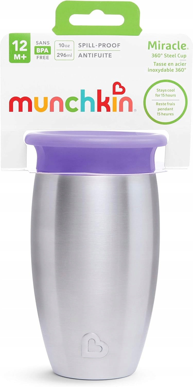 MUNCHKIN Miracle kubek 360 6msc+ 296ml stal nierdzewna, izolowany kubek 360° ze stali z fioletową pokrywką