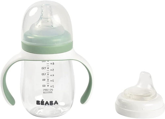 BEABA Training Bottle 2w1 kubek niekapek z dwoma ustnikami 210 ml 4 m+ przezroczysto-zielony z uchwytami