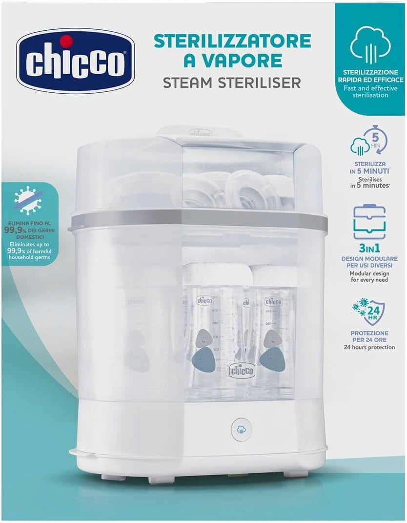 CHICCO sterylizator parowy 3w1 elektryczny, biały sterylizator butelek i smoczków, szybka para 5 min