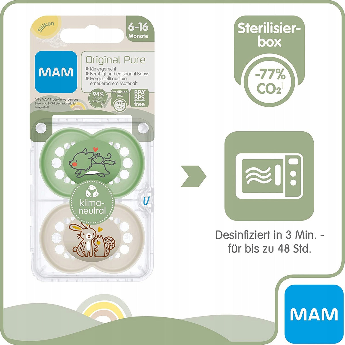 MAM PURE upokojujúci cumlík x2 6-16 mesiacov + box