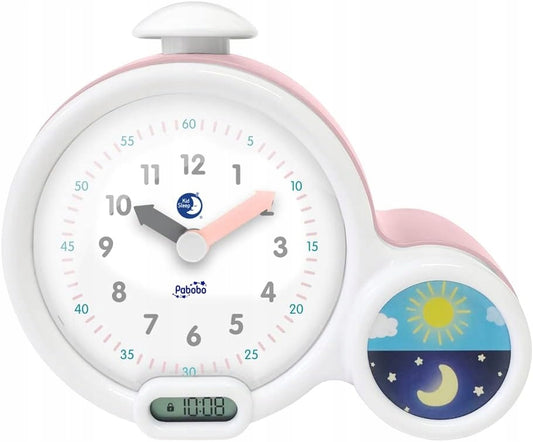 PABOBO Kid'Sleep BUDZIK EDUKACYJNY różowy, biało-różowy budzik do nauki wstawania z analogowym i cyfrowym wyświetlaczem