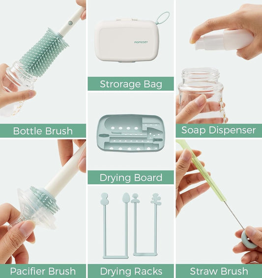 MOMCOZY conjunto de viagem 7 em 1 para limpar biberões, tetinas e palhinhas + estojo