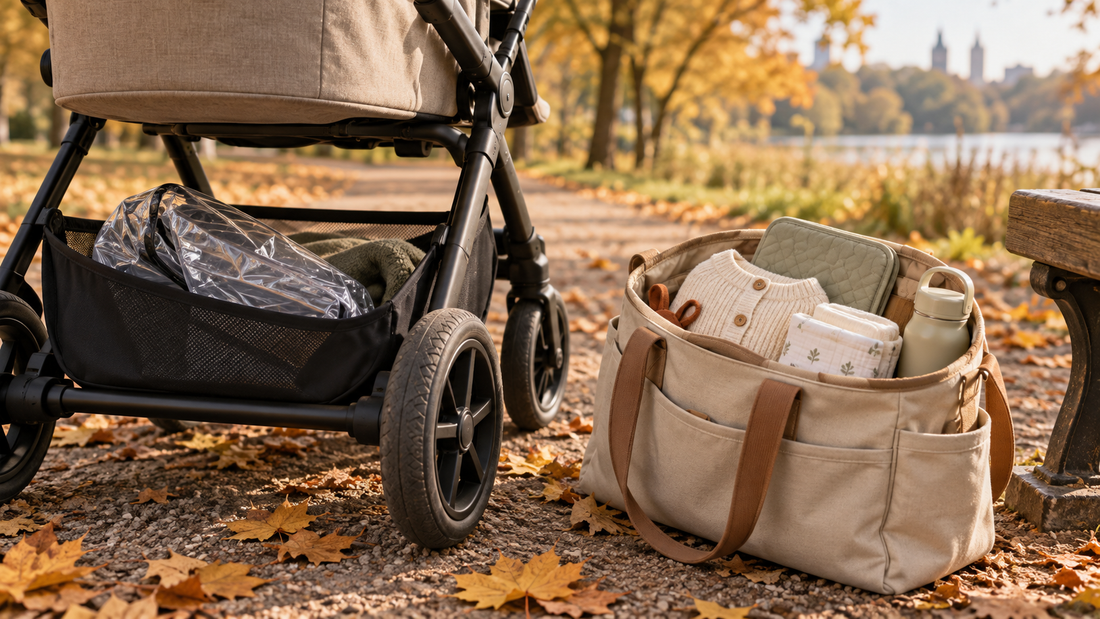 Poussette et sac avec gilet de rechange, matelas à langer, lange et gourde sur une allée d’automne