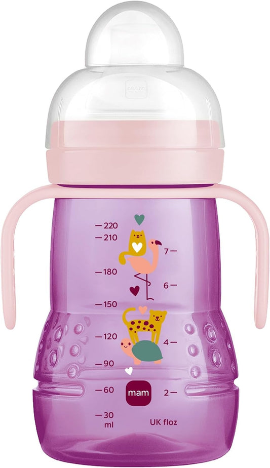 MAM Trainer+ kubek niekapek 220 ml z 2 ustnikami, 4 m+ dla dzieci, różowy kubek treningowy z uchwytami