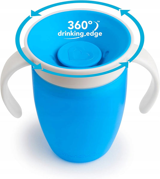 MUNCHKIN Miracle kubek 360 6msc+ 207ml, niebieski kubek treningowy z uchwytami i 360° drinking edge