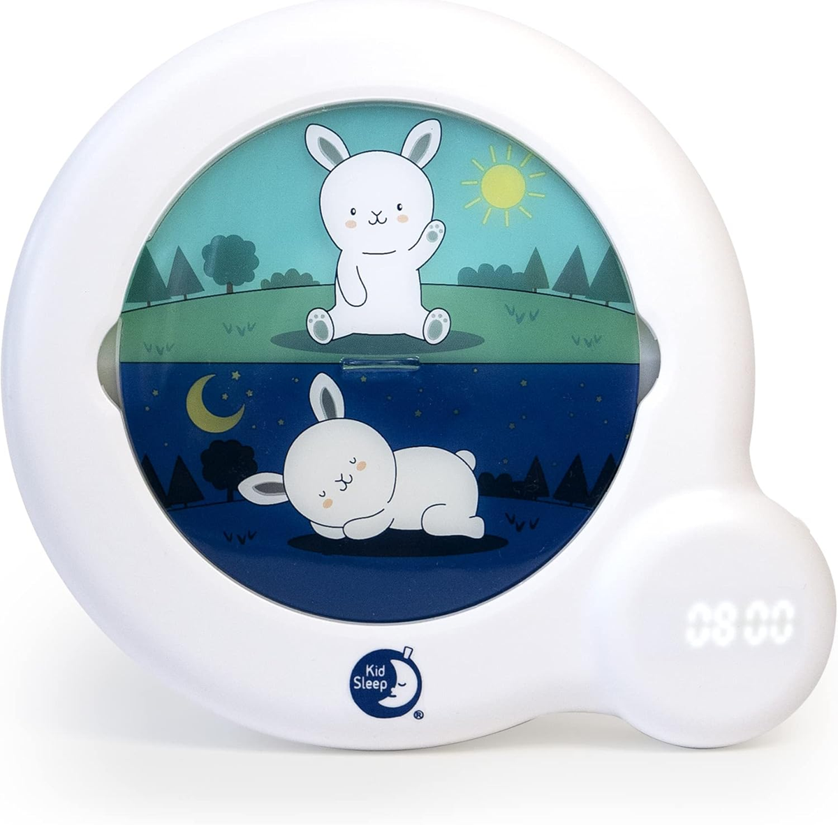Biały Pabobo Kid'Sleep Essential z ilustracją czuwającego i śpiącego królika oraz wyświetlaczem, widok z przodu.