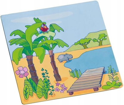 HABA układanka magnetyczna Ubierz Lilli 4 tła 54 magnesy, plażowe tło z palmami i pomostem