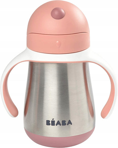 BEABA kubek niekapek ze słomką STALOWY 250 ml różowy, stal nierdzewna, 8 m+
