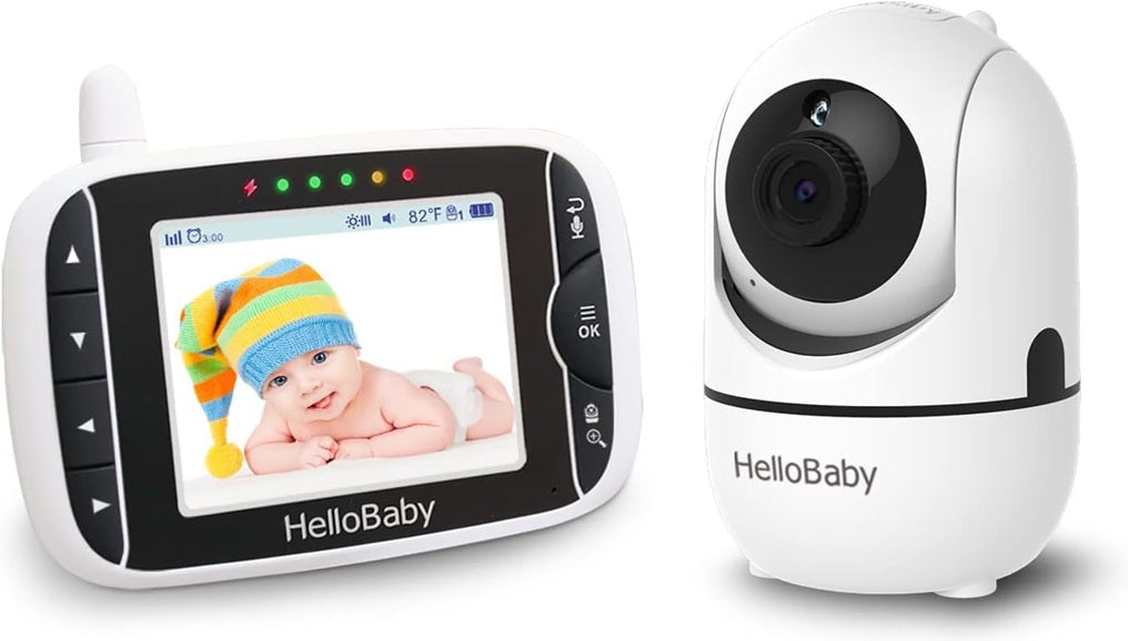 Biała kamera i monitor HelloBaby HB65 z ekranem przedstawiającym dziecko w czapce, widok zestawu z przodu.
