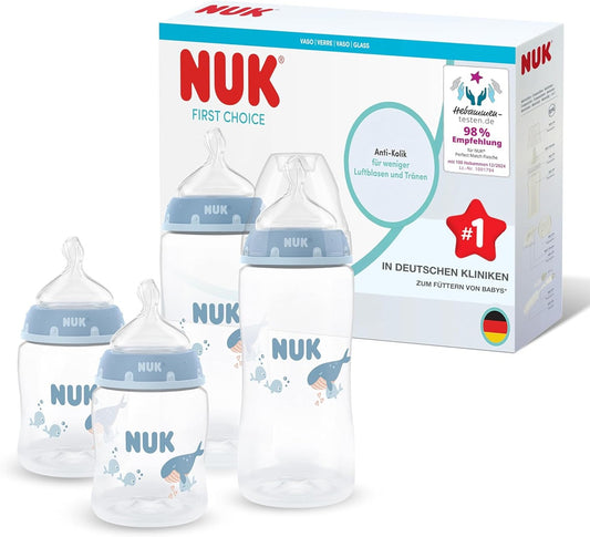 NUK First Choice set di 4 biberon da 150/300 ml con tettarelle S/M 0-3 mesi+ BALENA