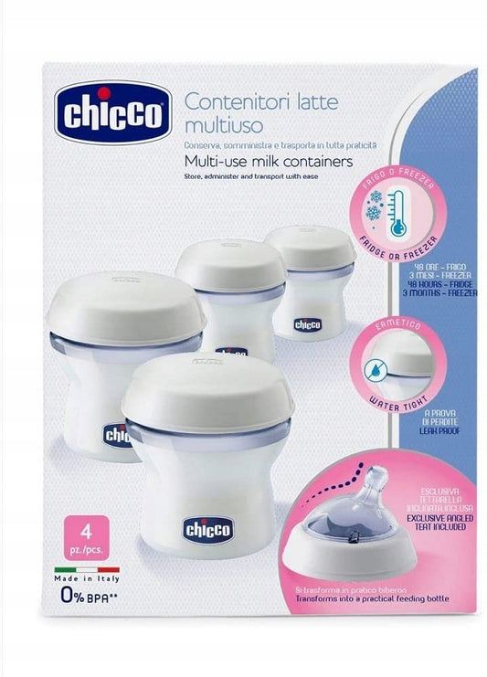 CHICCO pojemniki na mleko 4 x 150 ml + smoczek z nakrętką, pojemniki do mleka z smoczkiem i osłonką