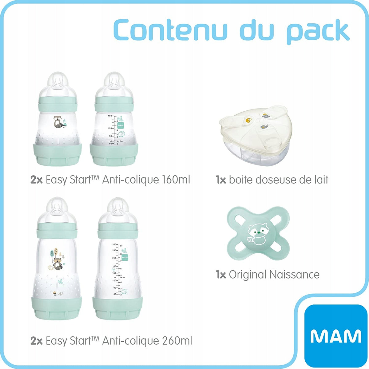MAM Easy Start zestaw Anti-Colic 6el. 2 butelki 160 ml, 2 butelki 260 ml, pojemnik na mleko i smoczek miętowy
