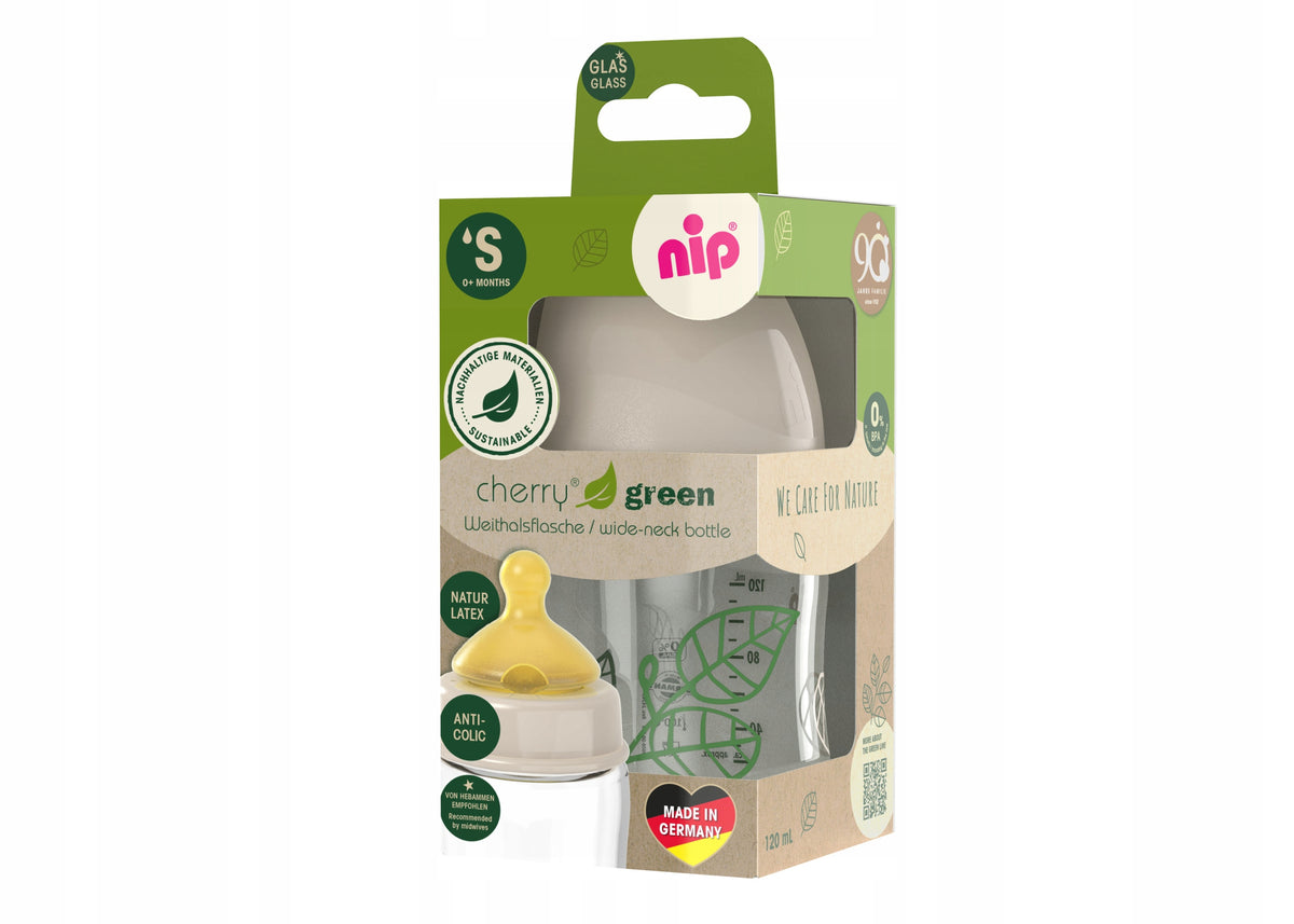 NIP Cherry Green butelka szklana 120 ml 0+ smoczek latex S, butelka dla niemowląt w opakowaniu