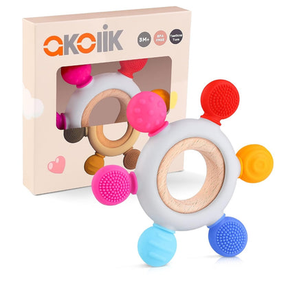 AKOLIK Silikon-Holz-Beißring massierend 10,8 cm 3 m+