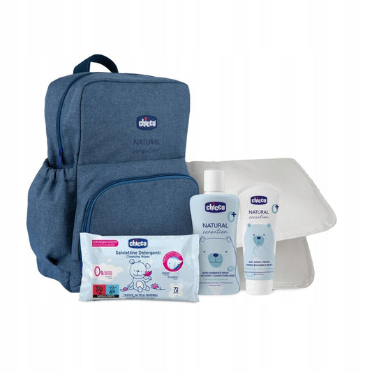 CHICCO NATURAL plecak torba na pieluchy i akcesoria + kosmetyki, niebieski zestaw dla dziecka