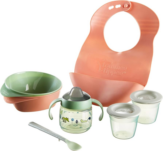 TOMMEE TIPPEE zestaw naczyń i dodatków 8el. dla dzieci 4msc+, miski, kubeczek, śliniaczek i pojemniki BPA free