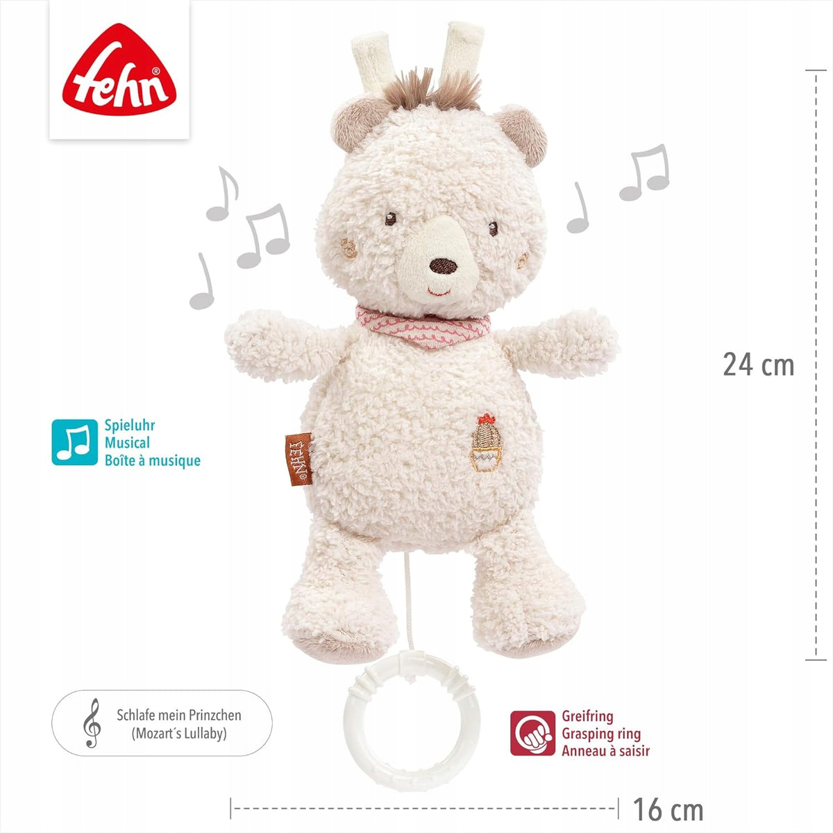 FEHN pluszowy NIEDŹWIEDŹ z pozytywką ZAWIESZKA, 24 cm, z melodyjką i gryzakiem