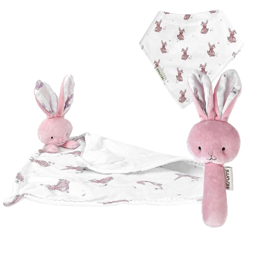 KISUMI set de edredón, babero y sonajero de peluche CONEJO