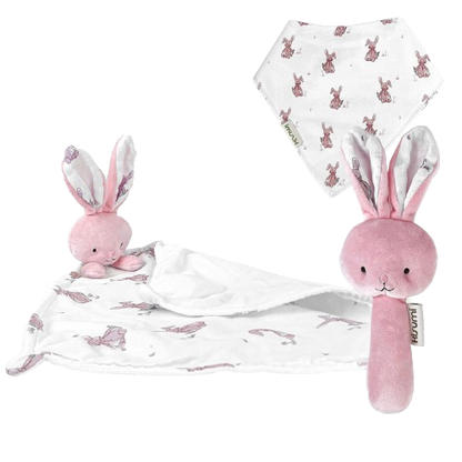 KISUMI set de edredón, babero y sonajero de peluche CONEJO