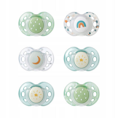 TOMMEE TIPPEE smoczki symetryczne x6 ŚWIECĄ 18-36, zestaw silikonowych smoczków dla dzieci