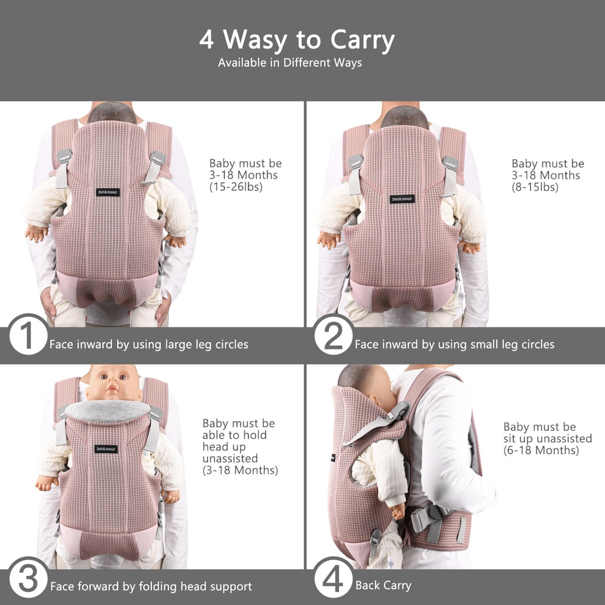 BEBAMOUR portabebés ergonómico 3 en 1 hasta 12 kg