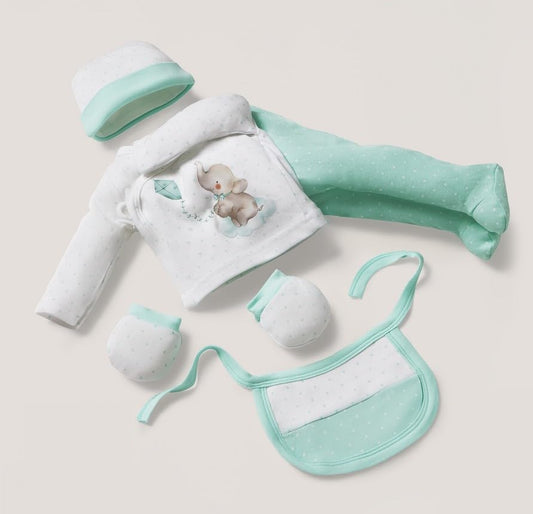 INTERBABY darilni komplet iz bombaža: pižama, kapa, nogavičke, slinček, hlačne nogavice