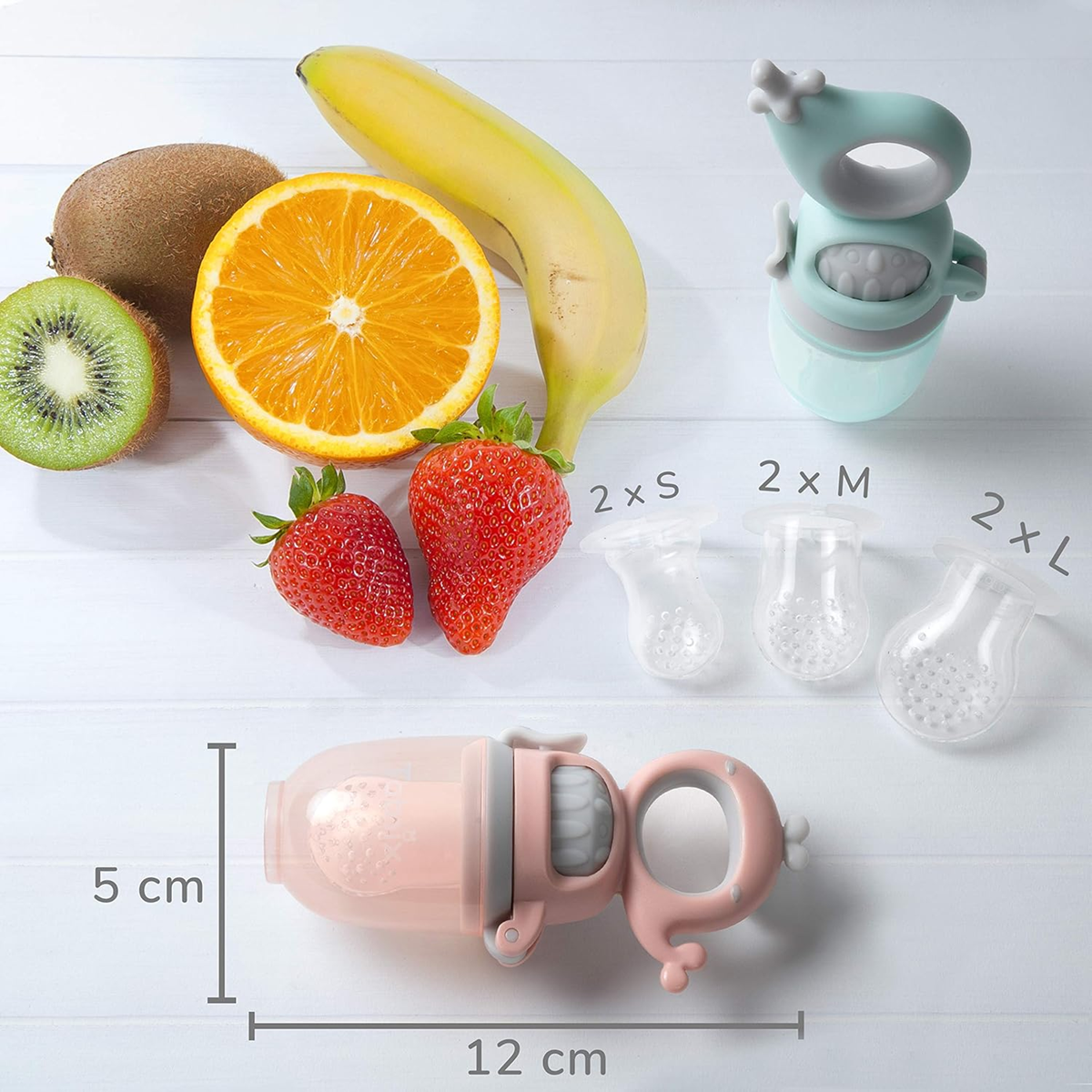TABRIX grizalo z dozirnikom za sadje za otroke 3 m+ 2 kosa 6 nastavkov