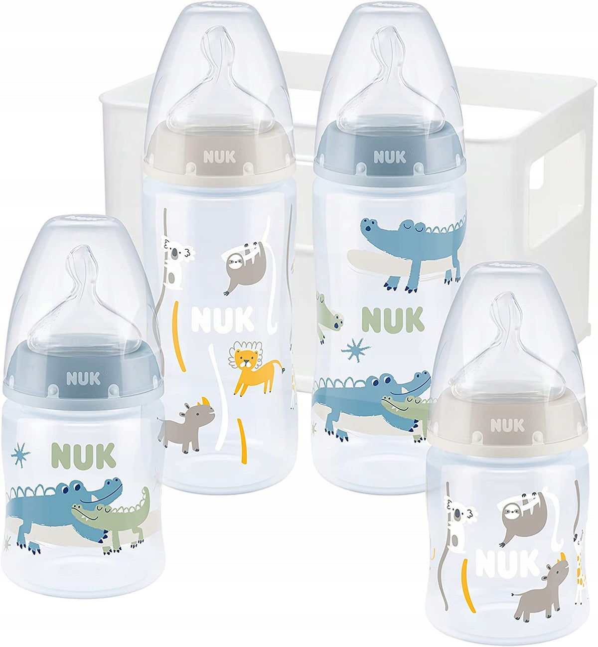 NUK First Choice+ začetni komplet 4 stekleničke + košara organizator 0-6 m